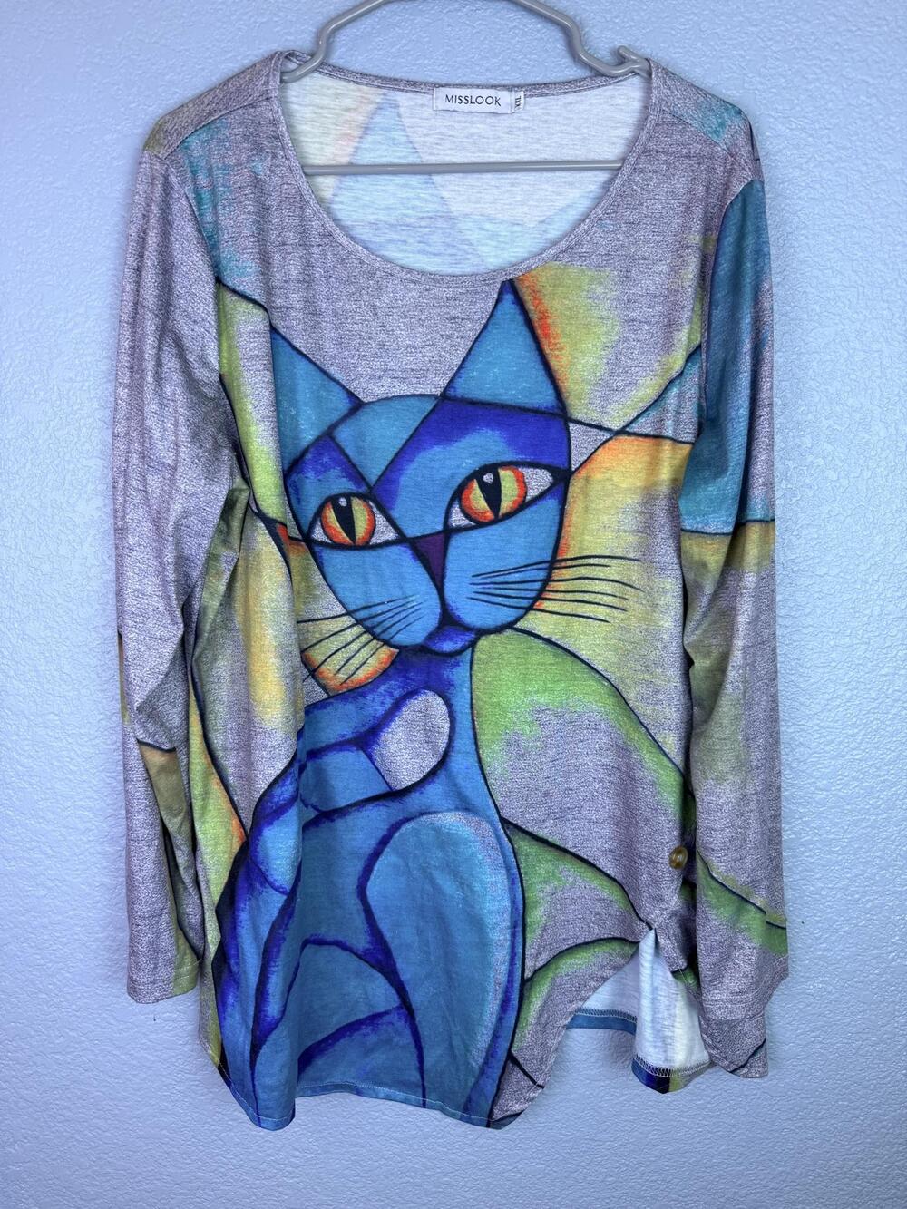 MISLOOK Shirt Womens Medium Multicolor Cat Art Print Long Sleeve Tunic Top